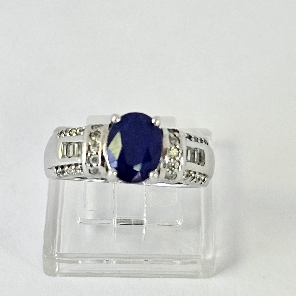 Genuine Blue Spinel & White Zircon Ring Sterling Silver Platinum Finish. Sz 6!